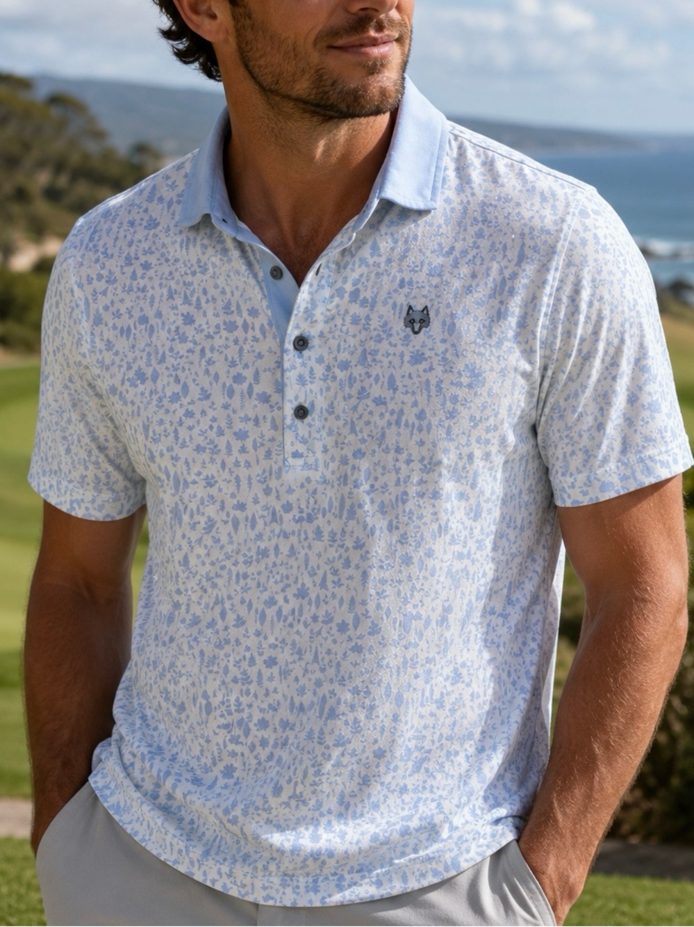 Greyson Wolf Logo Golf Polo Shirt XL Blue Floral Performance Stretch